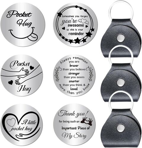 KAL-Lot De 3 Jetons De Poche Inspirants Avec Porte-Clés En Cuir Synthétique Pour Homme Et Femme - Jetons Double Face En Acier Inoxydable Argenté Pour Relation Longue Distance, Argent + Noir.,