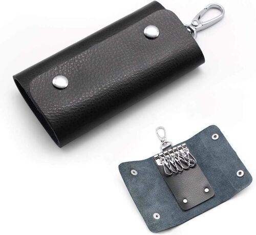 KAL-Porte Cles, Cuir De Vachette Souple Porte Cle Livré Avec 6 Crochets, Unisexe Noir Porte Clef Cuir Convient Aux Clés De Maison, Clés De Voiture