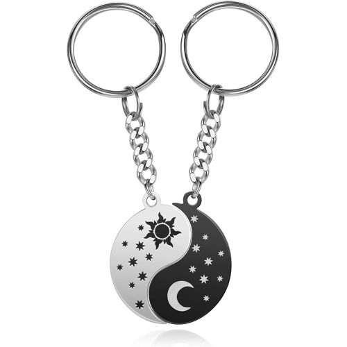 Loc-2pcs Porte-Clés Couple Amoureux Soleil Lune Yin Yang Noir Et Blanc Pendentif Puzzle Séparable Acier Inoxydable Cadeau Amour Femme Homme Saint Valentin Anniversaire Fête