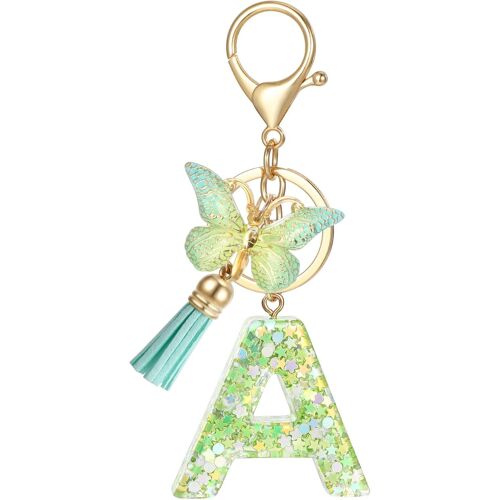 KAL-Porte Clé Lettre Avec Initiale, Porte Clef Alphabet Vert Avec Pendentif Tassel Papillon Pour Femmes Filles, Charme De Porte Clés À Paillettes En Résine Pour Clé De Voiture Sac À Main Décor(A)