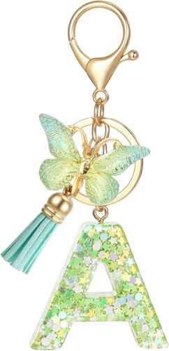 KAL-Porte Clé Lettre Avec Initiale, Porte Clef Alphabet Vert Avec Pendentif Tassel Papillon Pour Femmes Filles, Charme De Porte Clés À Paillettes En Résine Pour Clé De Voiture Sac À Main Décor(A)