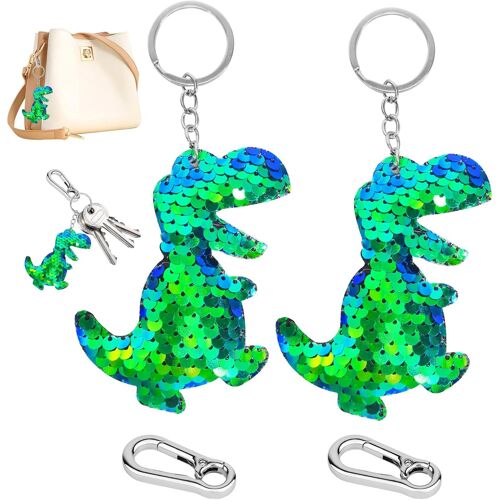 Kal-Porte Clef Dinosaure, 2 Pcs Drôle Vert Dessin Animé Animal Keychain Enfants Adultes Réversible Sequin Keychain, Avec 2 Anneaux