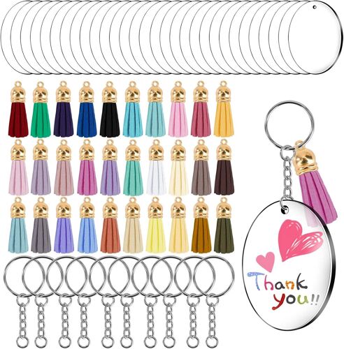 Kal-Porte-Clés Avec Disques De Cercle Acrylique Transparent Ronde 5cm/2.5¿, Anneau Avec Chaîne, Glands Pendentif En Cuir Pour Diy Monogram Souvenir Et Artisanat Bijoux Accessoires (30 Pièces)