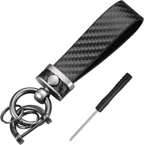 KAL-Porte-Clés Voiture En Cuir Véritable, Portable Porte Clés En Fibre De Carbone Avec Anneau Anti-Perte, Léger Simple Et Pratique, Universel Cadeau Pour Homme Et Femme (Noir)