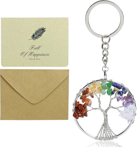 Loc-Porte-Clés Arbre De Vie En Cristaux De 7 Chakras - Pendentif Rond Pour Femme - Arbre De Vie - Bijoux Avec Carte Pour Bonheur Et Harmonie,Seven Colors,S