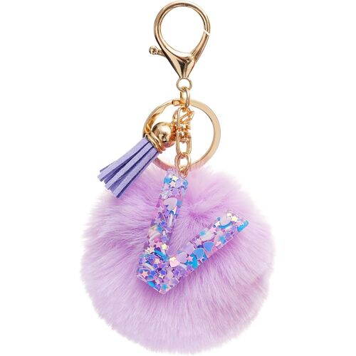 KAL-Moderne Porte-Clés Violet Boule De Poils Gland Pour Fille Porte Clef Avec Lettre Porte-Clés Fille Initiale Cadeau Femmes Porte-Clés Or Porte Clé A-Z