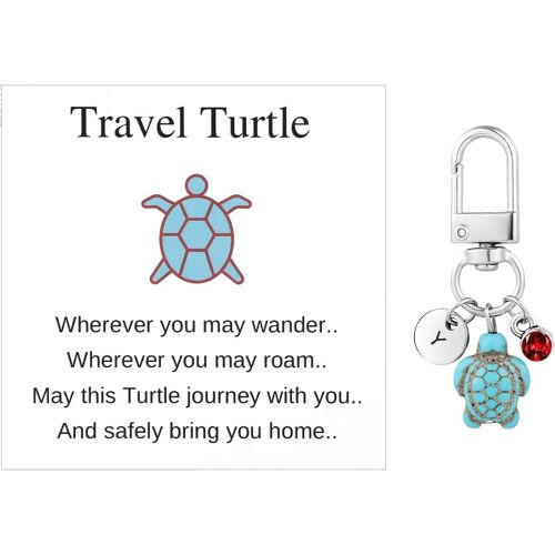 KAL-Porte-Clés Tortue De Voyage, Porte-Clés Tortue Mignonne Avec Pierre Précieuse Rouge Et Carte D'Encouragement Initiales De Nom Créatives Pendentifs Tortue De Mer Pour Les Amis De La Famille (Y)