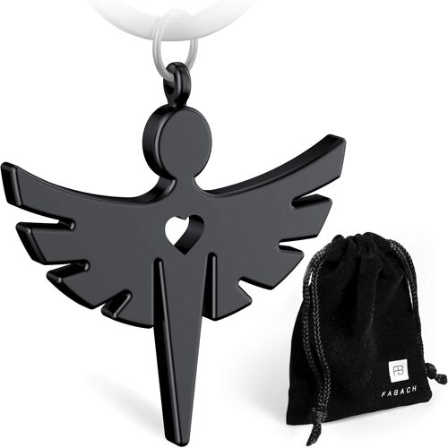 Kal-Porte-Clés Ange Gardien Avec Coeur. Pendentif En Forme D'ange En Métal Noir. Cadeau Porte-Bonheur Pour La Voiture, Pour Permis De Conduire. Attention Sur La Route., 1 X Noir (Mat)