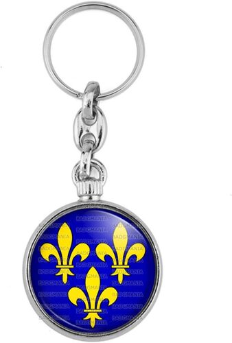 KAL-Porte Clés Métal 2 Faces Porte-Clés Acier Goutte Fleurs De Lys Royale Roi De France Royauté Ile De France - Jaune Sur Fond Bleu Logo 33Mm