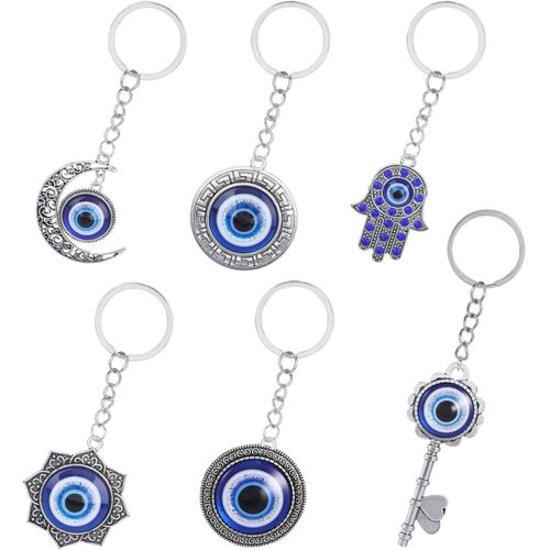 Kal-Lot De 6 Porte-Clés Mauvais ?il - Porte-Bonheur - Yeux Bleus - Chaîne De Main Pour Clé/Sac De Voiture/Bijoux/Portefeuille, Bleu, Taille Unique