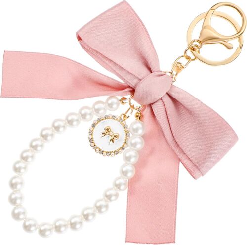 KAL-1 Breloque Pour Sac À Main Avec Noeud Rose - Porte-Clés Avec Noeud Mignon Pour Femme - Petit Noeud En Perles - Porte-Clés Pour Clés De Voiture, Sac À Main, Sac À Dos (Rose), Rose, 6.69× 3.93×