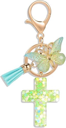 KAL-Croix Porte Clés Chrétien Bible Porte Clés Sac À Dos Charmes De Sac À Main Pour Femmes Filles, Papillon Pendentif Porte Clés, Vert
