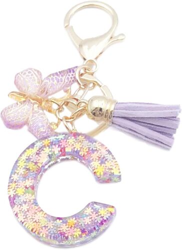 Kal-Porte-Clés Mignon En Forme De Lettres De L'alphabet Pour Fille Avec Pompons Papillon En Résine Pour Sac À Breloques