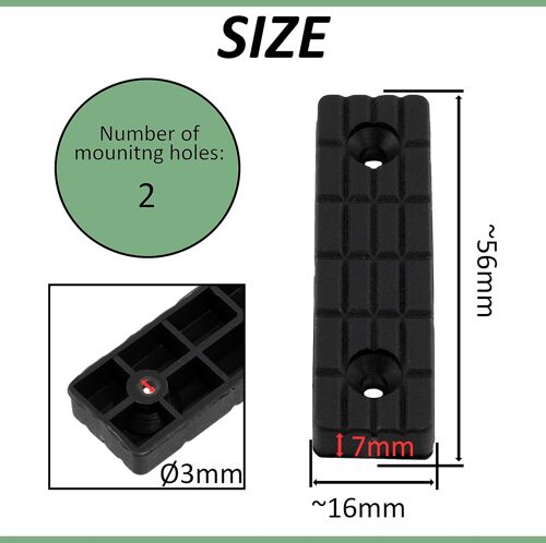 Set of 25 Plastic Rectangular Screw-On Furniture Feet 56 x 16 x 7 mm ¿ Black ¿ Table Cabinet Dresser Cupboard Bed Wedge Accessory Floor Protection Height