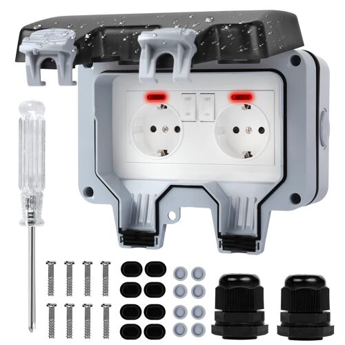 Prise de Extérieure Prise Courant, Résistante Intempéries avec Interrupteur et Voyant lumineux, IP66 Prise Courant Murale Approfondir Outdoor Garten Convient - Upgrade Double