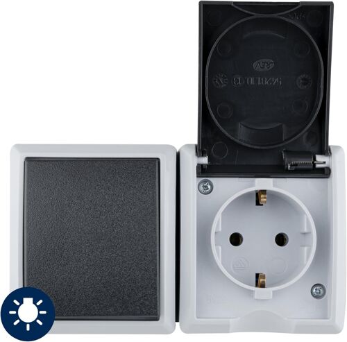 AquaForm 0510231777 Prise de courant avec interrupteur A/W, IP44, bipolaire, montage en saillie, horizontal, gris