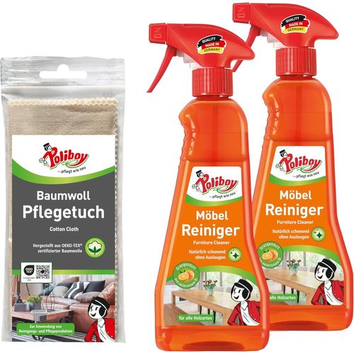 Nettoyant pour meubles - Nettoyant doux pour bois non traités et vitrifiés - Formule sans savon - Avec parfum d'orge frais - 2 x 375 ml - Avec chiffon en coton - Fabriqué en Allemagne