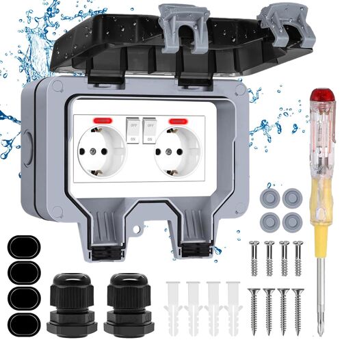 CHENG-Prise Exterieure Etanche IP66 Double Prise de Courant et Volet de Protection Electrique Multiprise Murale de Jardin, Prise Anti-Poussière et Coupe-Vent avec Interrupteur, Voyant Lumineux