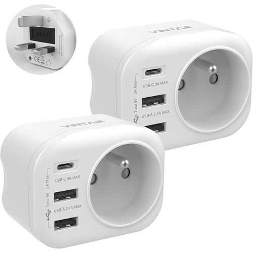 KALANKA-2PC Adaptateur Prise Anglaise UK Angleterre Française Adaptateur de Voyage avec 2 USB-A et 1 USB-C 3A, Adaptateur Prise France vers UK Irlande Malaisie Singapour, Type G