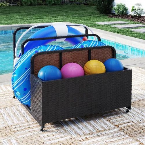 Costway Coffre De Rangement 114l Extérieur Sur Roulettes Avec Porte-Serviettes À 2 Niveaux Marron