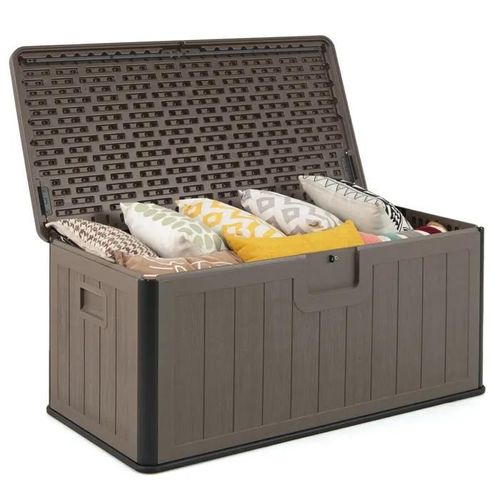 Costway Coffre De Rangement 378l En Résine Hdpe- Extérieure, Boîte De Rangement Imperméable, Couvercle Verrouillable Marron