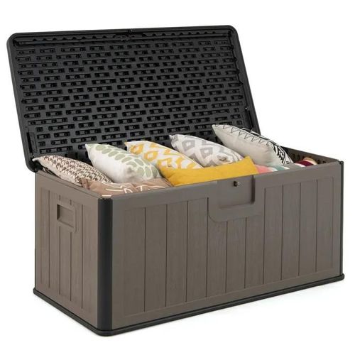 Costway Coffre De Rangement 378l En Résine Hdpe- Extérieure, Boîte De Rangement Imperméable, Couvercle Verrouillable Noir Et Marron