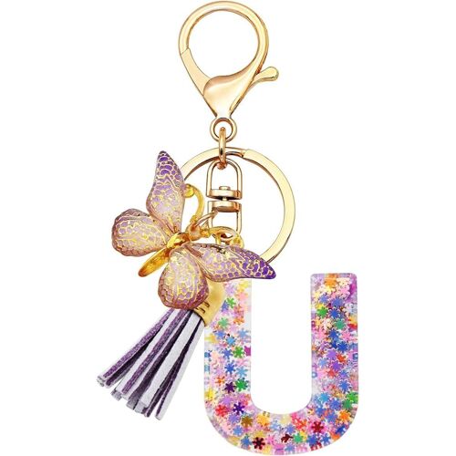Kal-Porte-Clés Initiales Pour Filles Et Femmes, Rose, Violet, Flocon De Neige, Paillettes, Gouttes De Cristal, Jolis Papillons, Décoration De Cartable, Clés De Voiture, De Sac, Lettres