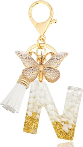 KAL-Porte-Clés Avec Lettre, Keychains Lettre Avec Papillons Pompon Pendentif, Alphabet Porte-Clés, Porte-Clés Initiale Pour Femmes Filles Sac À Main Bagages Décoration