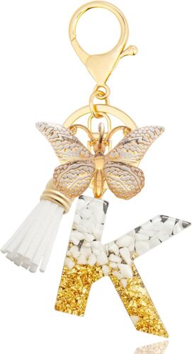 KAL-Porte-Clés Avec Lettre, Keychains Lettre Avec Papillons Pompon Pendentif, Alphabet Porte-Clés, Porte-Clés Initiale Pour Femmes Filles Sac À Main Bagages Décoration