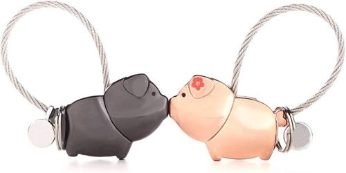 KAL-Suker 1 Paire De Porte-Clés Magnétiques Kiss Pig Pour Couple Amoureux En Alliage De Zinc Or Rose, Beau Cadeau Pour Mariage, Saint Valentin, Anniversaire, Noël, Or Rose, Noir
