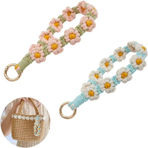 Kal-2 Pièces De Ruban Macramé Porte-Clés Boho Lanyard Court Porte-Clés Pour Femmes Porte-Clés Bracelet Macramé Bracelet Multicolore Avec Des Marguerites Comme Porte-Clés