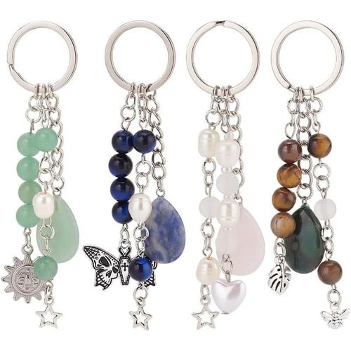 Kal-4 Porte Clés En Perles De Cristal Porte Clés En Pierres Précieuses Naturelles Avec Perles D'imitation Breloques En Alliage Pour Femmes Décoration De Sac À Main De Couple