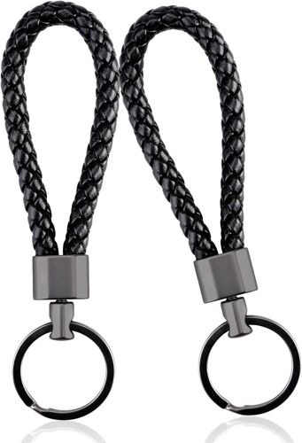 KALANKA-2 Pièce Porte-Clés en Cuir Tressé - Porte-Clés de Voiture Multifonction en Cuir Tressé, Design Tissé à la Main, pour Homme et Femme, Noir