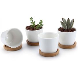4 Pcs Pot De Succulent En Céramique Blanc Rond 5 Cm Avec Plateau En Bambou,Cactus Planteur,Pot Jardinière Contenant Décoration De Maison Et Bureau