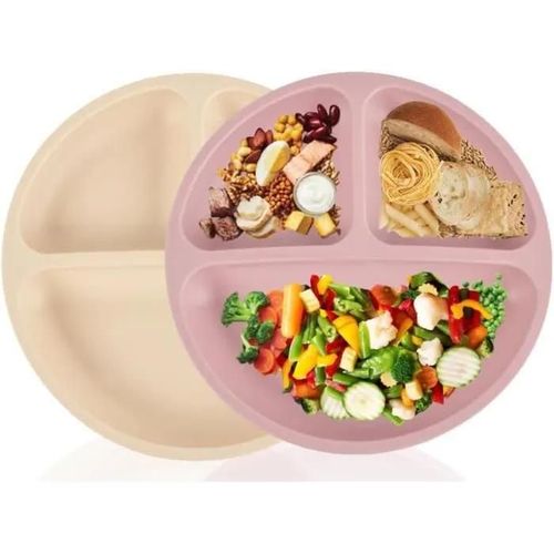 2 Pièces Assiette Compartiment Enfant Ventouse Silicone Assiettes Avec Ventouse À Succion Pour Bébés Enfant Beige+Rose