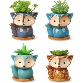4 Pièces Pots De Fleurs En Céramique De Dessin Animé Mignon Avec Trou De Vidange Et Plateau En Bambou Pour Décoration De Table Bureau Maison,1,8 Pouces De Diamètre (Fox Style)