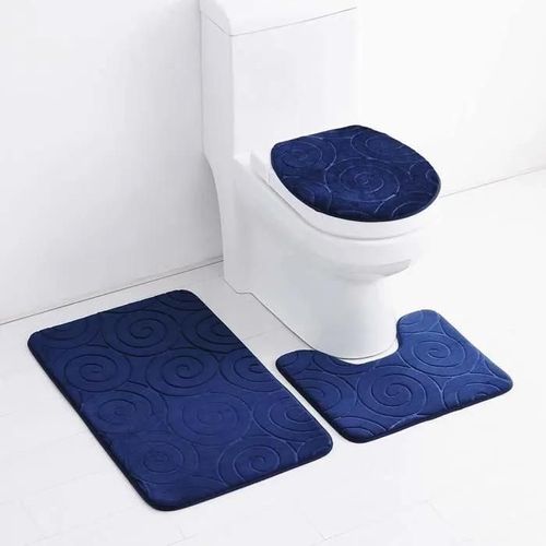 Tapis de salle de bain - Tapis de bain antidérapant, couvercle de couvercle de toilette, tapis contour en forme de U-3pack -Bleu