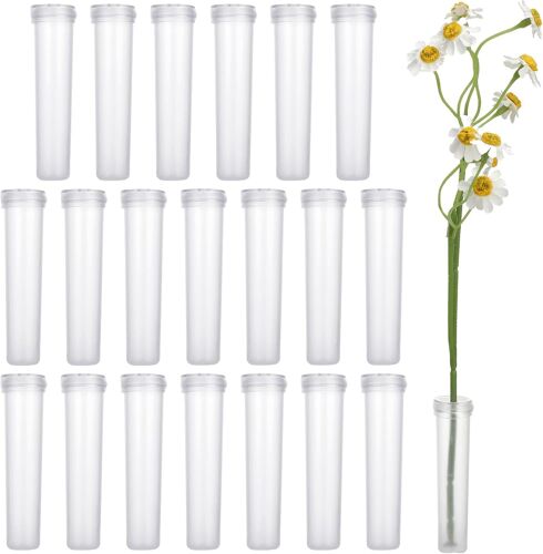 KALANKA-Lot de 20 tubes à fleurs - Avec capuchons - Tubes à essai pour fleurs - En plastique transparent - Support de tige pour bouquet de fleurs artificielles