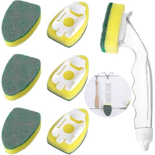 Éponge à vaisselle - Éponge à vaisselle avec 1 brosse à vaisselle et 7 têtes d'éponge de rechange de recharge,éponges de nettoyage de cuisine réutilisables,nettoyage
