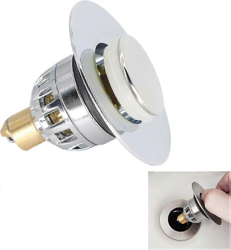 Crépine de vidange escamotable universelle,crépine d'évier à noyau de cuivre rebondissant en acier inoxydable avec panier de récupération de cheveux,bouchon d'évier de type poussoir sans trop-plein