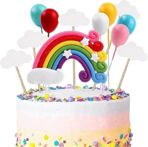 12 pièces Joyeux anniversaire Cake Toppers,Rainbow Balloon Cloud Theme Party Decorations,Rainbow Balloon Figure Joyeux anniversaire Bannière Cake Toppers