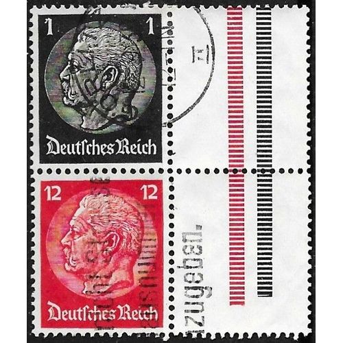 Allemagne, 3ème Reich 1933 / 36, Beau Mini-Bloc 2 Timbres Yvert 483 Et 490, Maréchal Hindenburg 1pf. Noir Et 12pf. Rouge, Avec Vignettes De Bord De Feuille, Oblitérés, Tbe.