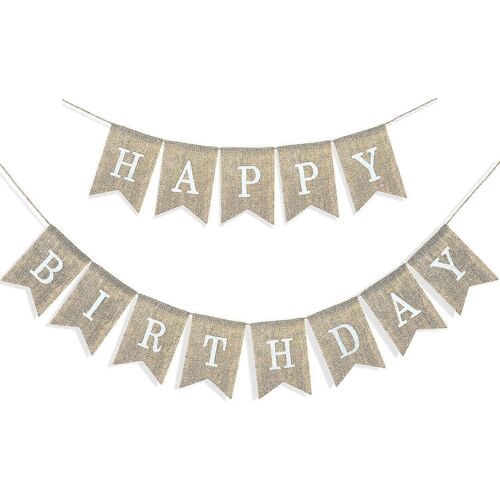 Bannière de joyeux anniversaire pour les décorations de fête d'anniversaire,toile de jute rustique Bunting Chevron,2 en 1,lin blanc