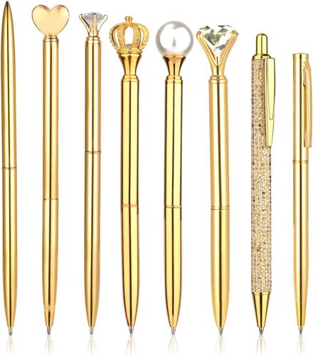 Ensemble De Stylos À Bille, 8pcs Stylos Mignons En Métal Pour Femmes, Stylo En Cristal De Diamant Pour Fournitures D'écriture De Bureau (Or)