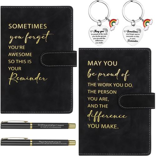 Chenquansarl-Lot De 6 Stylos Et Porte-Clés En Cuir Noir Pour Employés - Cadeau Inspirant - Cadeau Personnalisé - Journal Intime - Cadeau De Nouvel Emploi Pour Homme, Femme, Collègue, Enseignant (2 St
