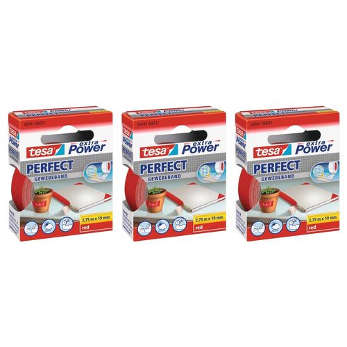 tesa Lot de 3 Rubans toilé adhésif Extra power 19 mm x 2,75 m Rouge