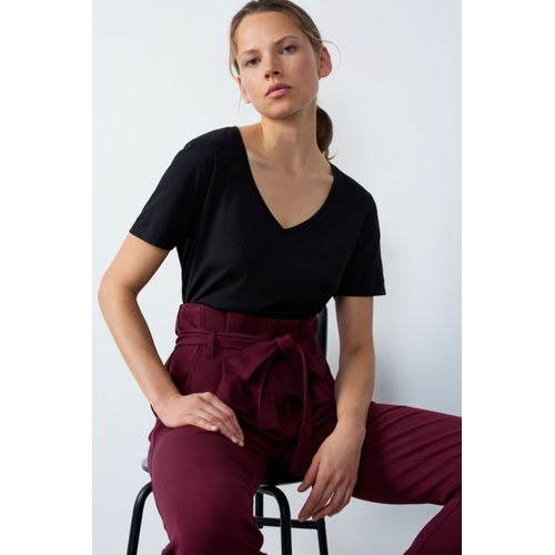 T-Shirt Col V Manches Courtes En Coton - Gaby - Xs - Black - Femme - Etam