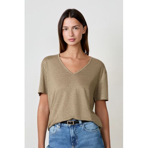 T-Shirt Col V 100% Lin - Ganga V - M - Kaki - Femme - Etam