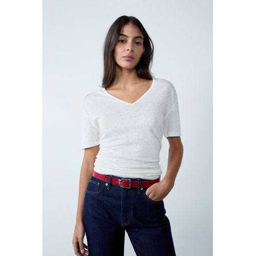T-Shirt Col V 100% Lin - Ganga V - S - White - Femme - Etam
