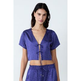 Blouse Satinée Manches Courtes Imprimée À N?Uds - Tioko - Xs - Bleu Roi - Femme - Etam